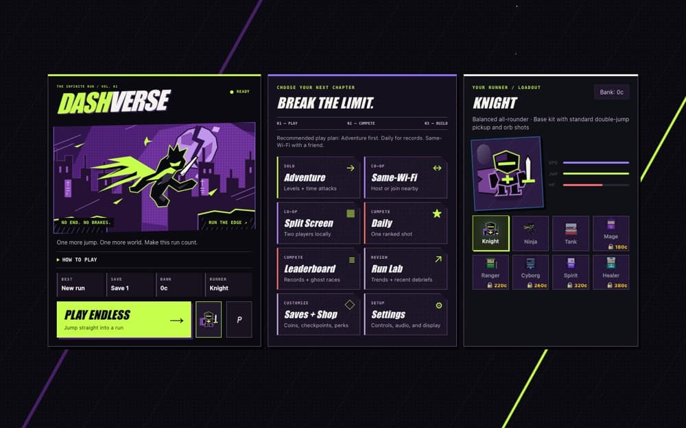 DashVerse game menu with neon purple and lime UI